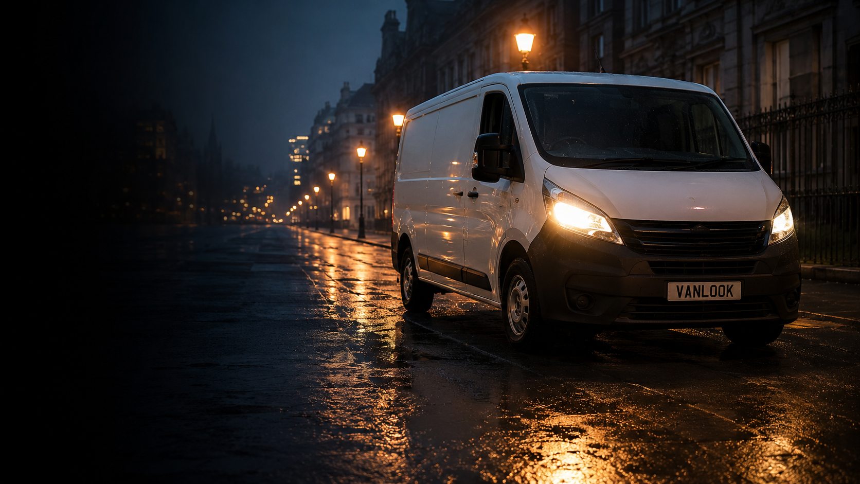 A white VanLook van parked on a wet London street at night, headlights on
